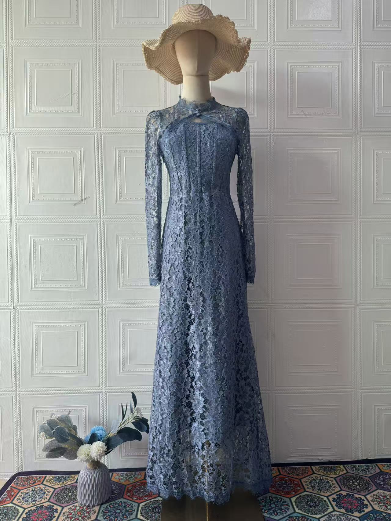 Luxe Lace Evening Dress With Long Sleeves And A Long Skirt