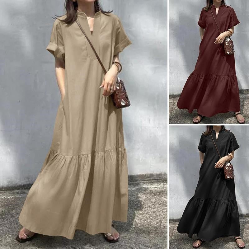 Women's Stand Collar Short Sleeve V-neck Placket Loose Fishtail A-line Long Dress