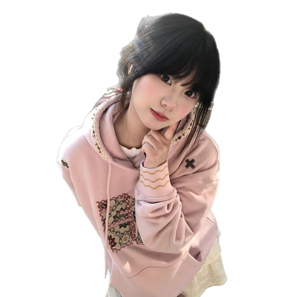 American Retro Patch Embroidery Hooded Sweatshirt Women