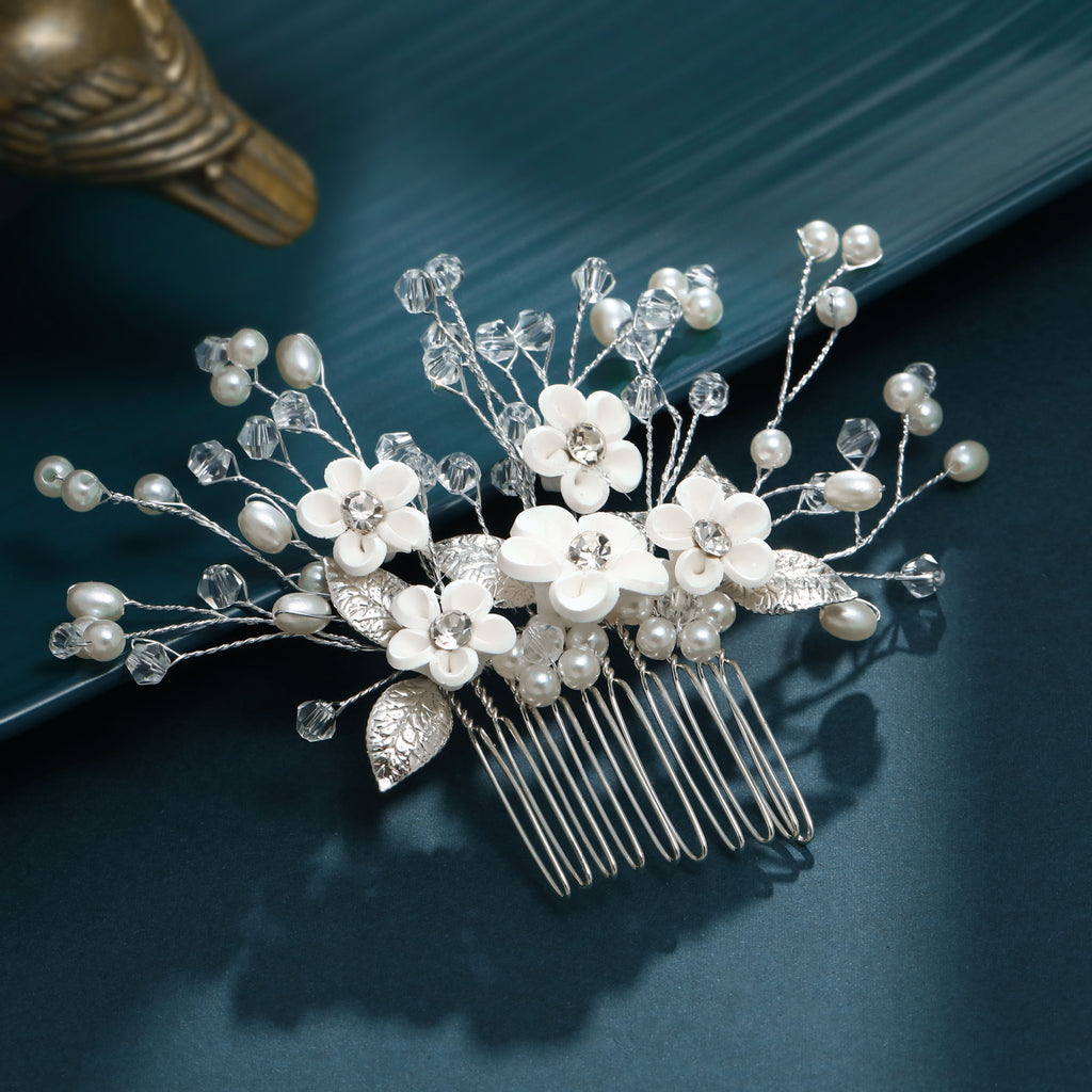 Elegant Floral Leaf Pearl And Rhinestone Hair Comb For Weddings