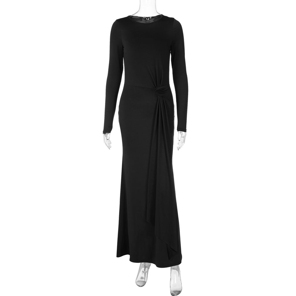 Solid Color Round-neck Long-sleeved Waist-defining Dress For Women