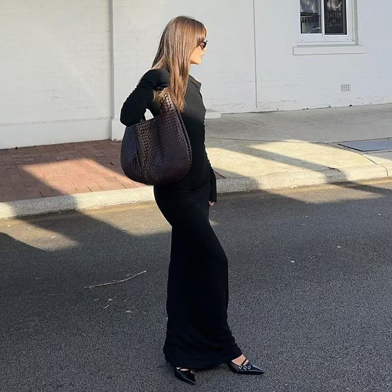 Women's OffshoulderLong-sleeve Figurehugging Pleated Maxi Dress