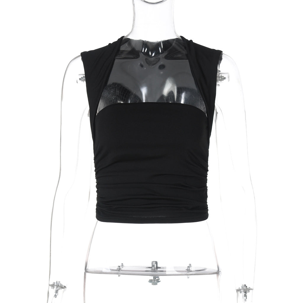 Square Collar Sleeveless Vest Pleated Tight Top T-shirt