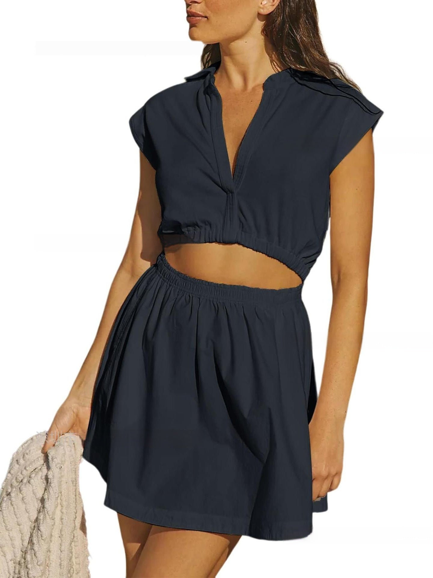 Womens V-neck Solid-Color Cleverly Defined Waistline Turn-Down Collar Midriff-Baring Short Dress