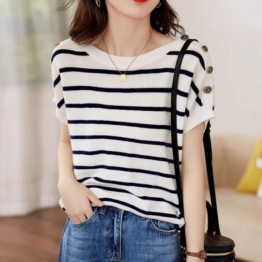 New Striped Top Ice Silk Short Sleeve Slimming And Flesh-covering T-shirt
