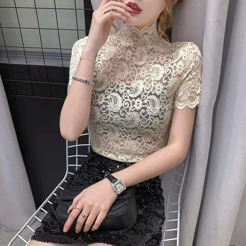 Paisley Lace Stand-up Collar Short-sleeved T-shirt