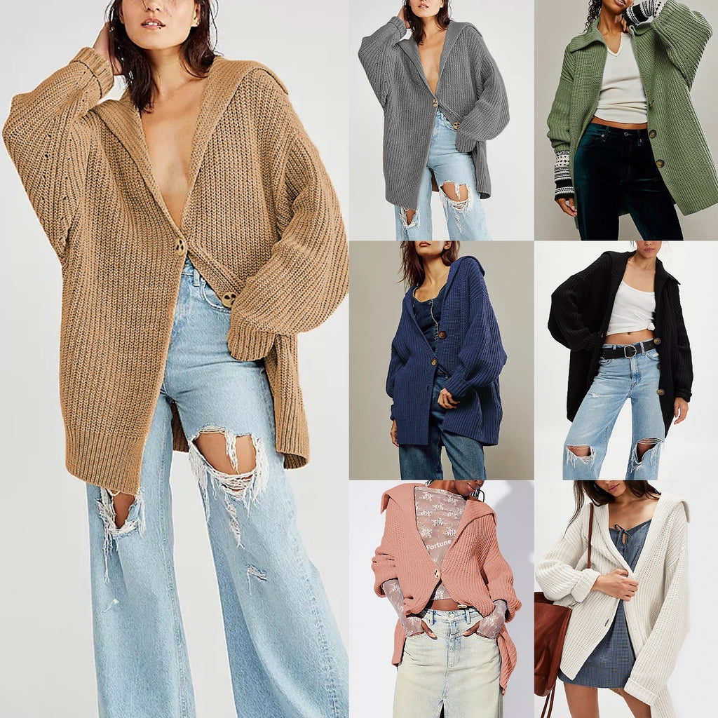 Women's Fashionable Lapel-Neck Loose-Fit Plus-Size Sweater Coat