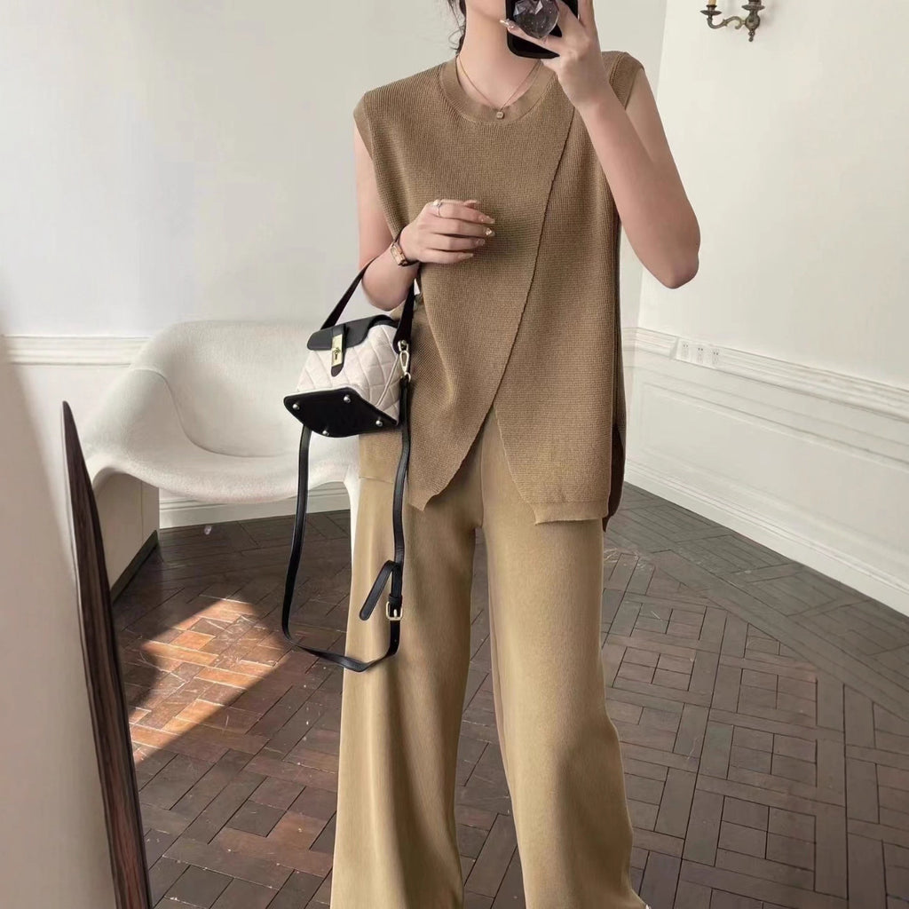 Sleeveless Crew-Neck Slim-Fit Striped Knit Top And Wide-Leg Pants Set