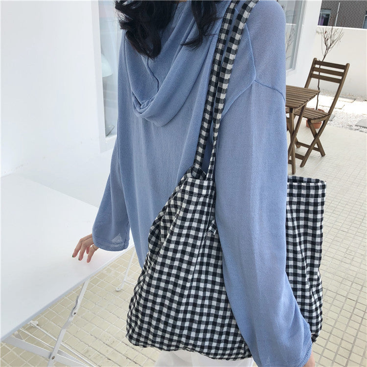 Summer New Red And White Plaid Girl's Heart Lace-up Cloth Bag