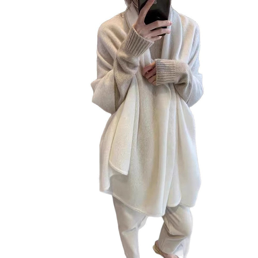 Pure Wool Scarf Relaxed And Slouchy Knitted Neck Warmer Solid-color Cashmere Shawl For Warmth And Neck Protection