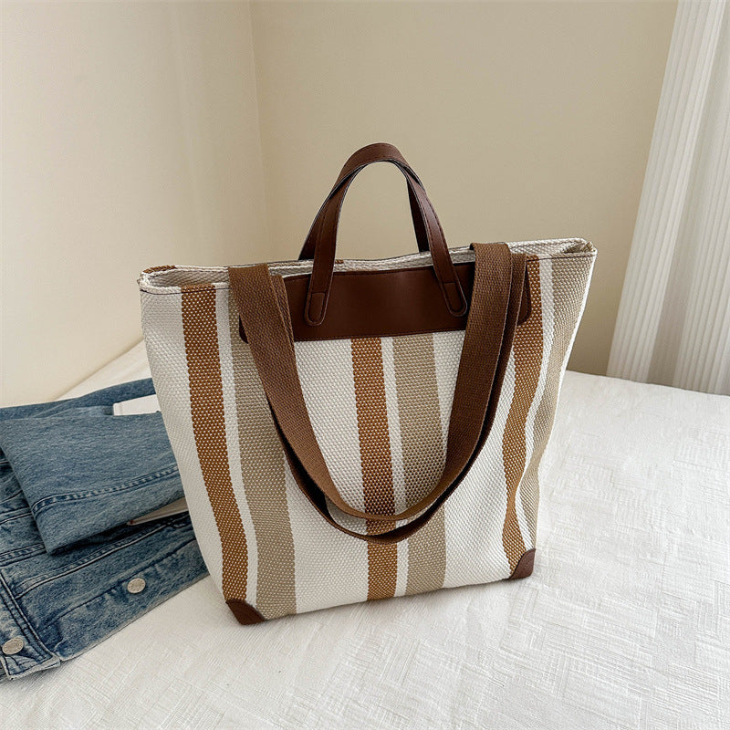 Women's Contrast Color Striped Canvas Handbag