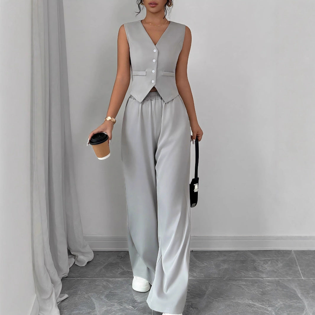Elegant Button-front Sleeveless Vest And Trousers Set
