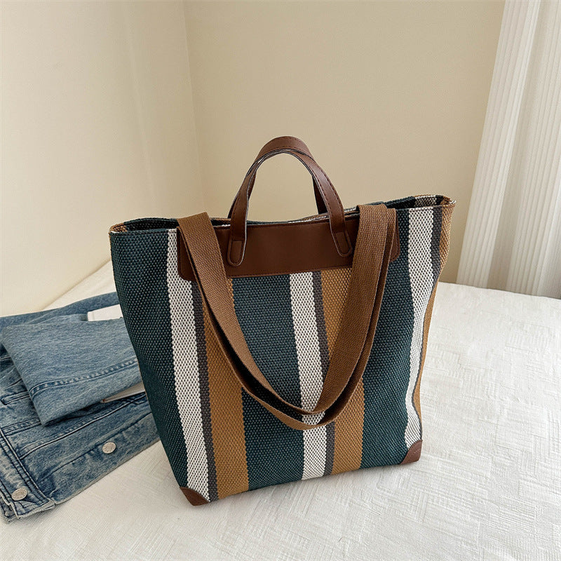 Women's Contrast Color Striped Canvas Handbag