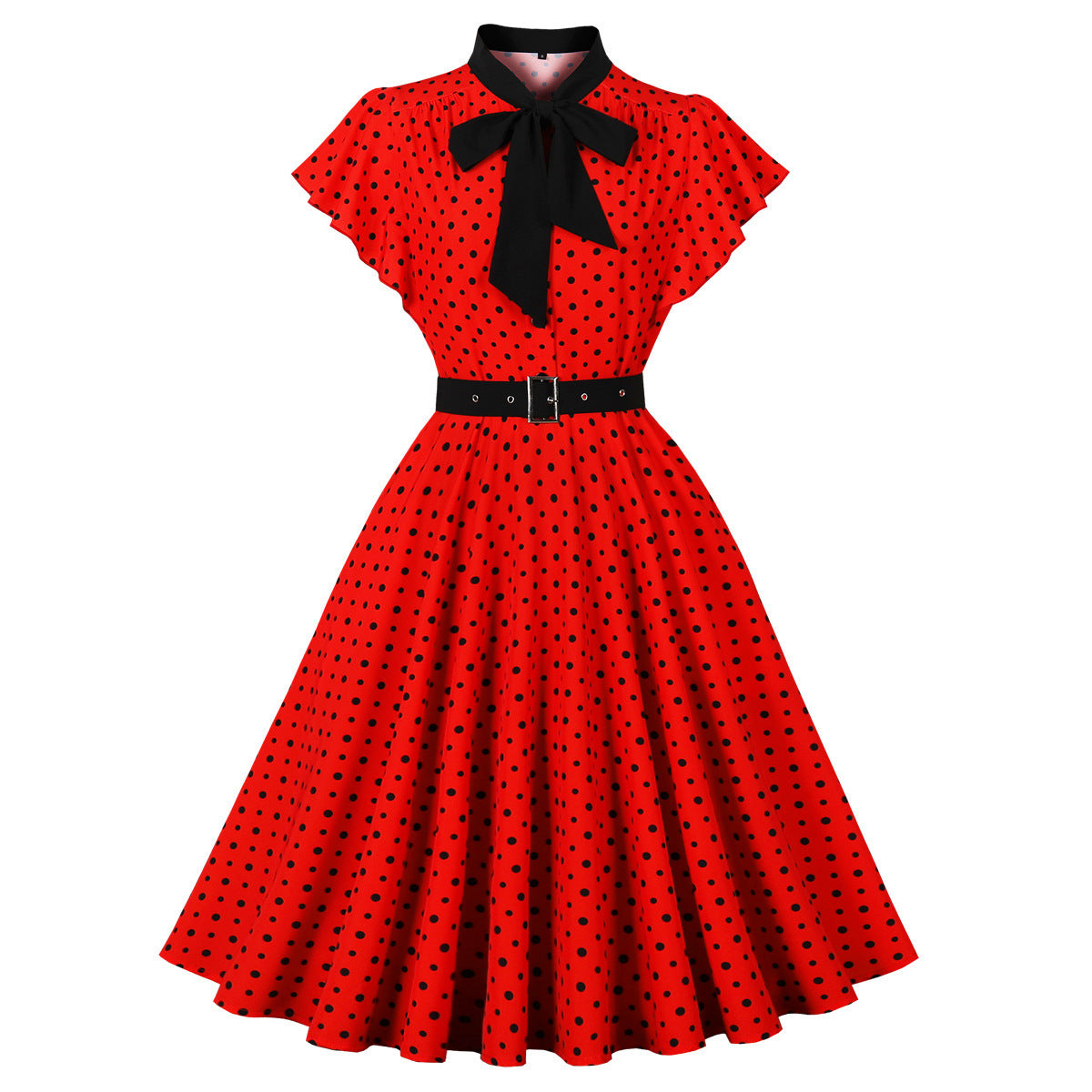 Retro Polka Dot Round-neck Knee-length Slim Dress