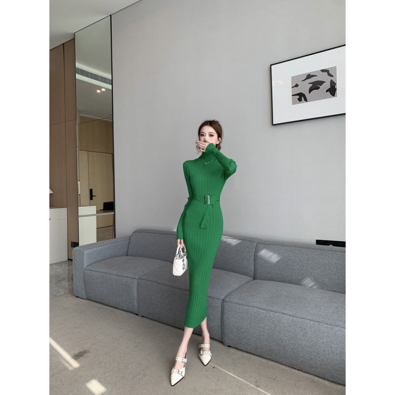 Elegant High-neck Sweater Paired With A High-waisted Stretchy Figure-hugging Knit Sheath Dress