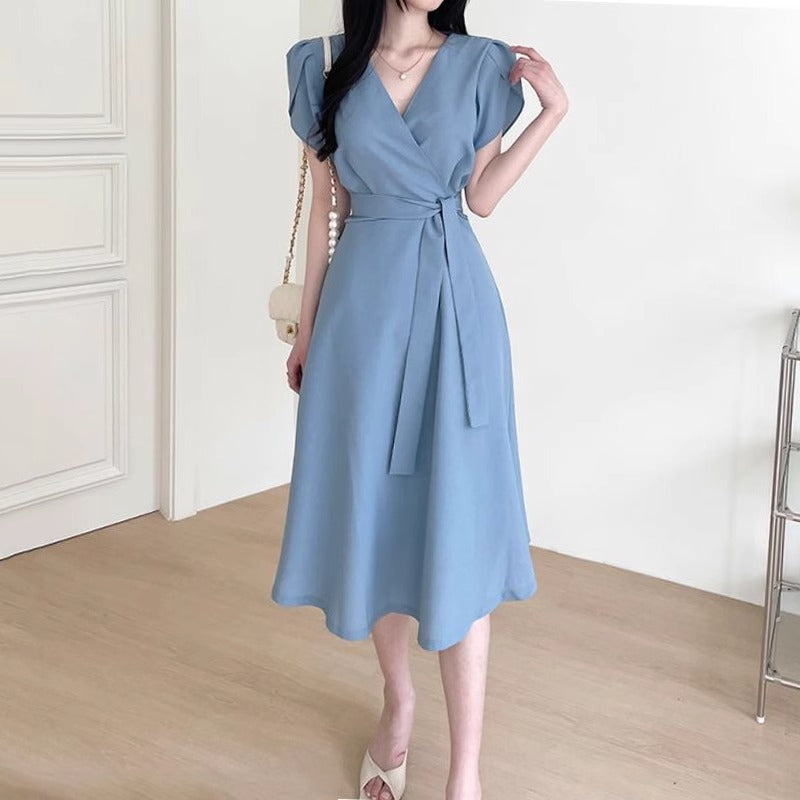 Women's Solid-Color French-Style Cross-Neckline Lace-Up Bud Dress
