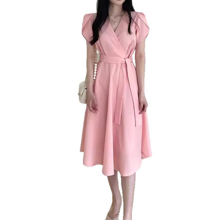 Women's Solid-Color French-Style Cross-Neckline Lace-Up Bud Dress