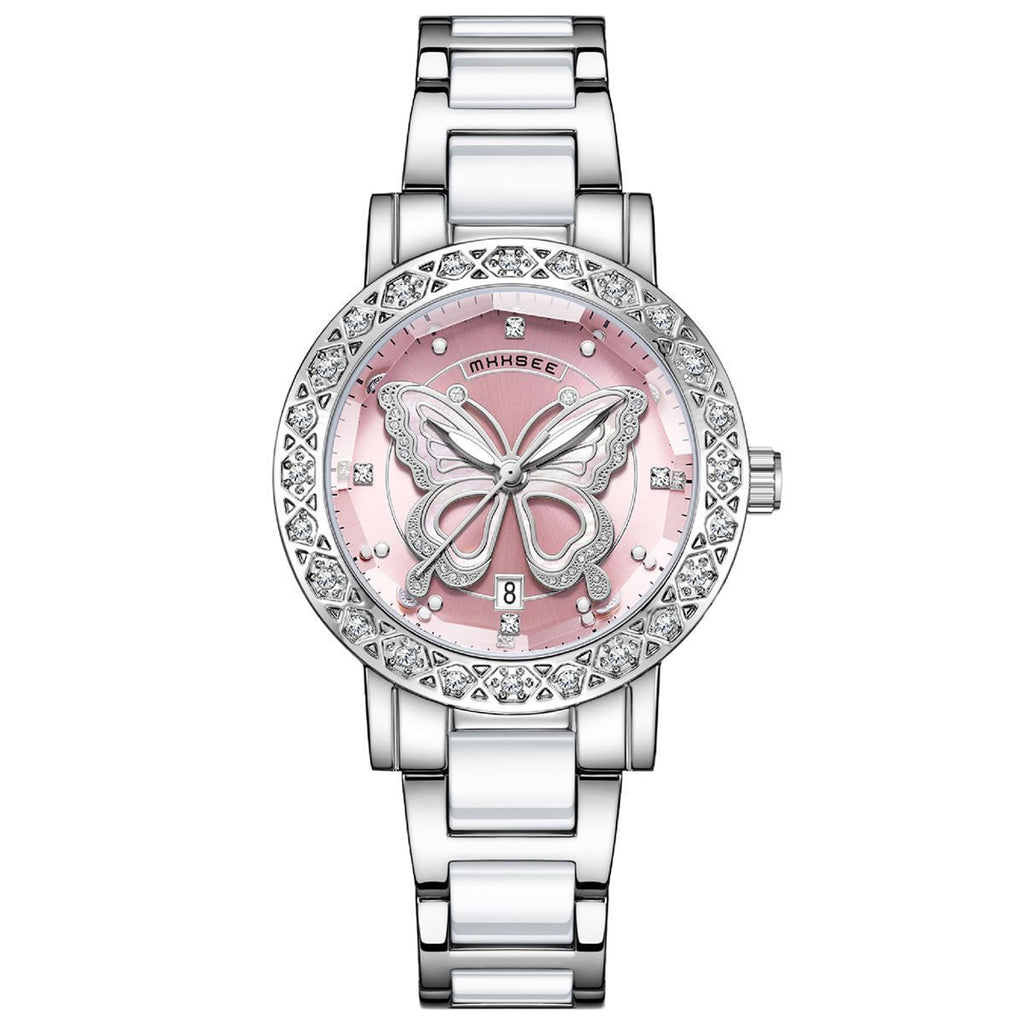 Butterfly Diamond-encrusted Luxury Women's Watch With Calendar And Steel Strap