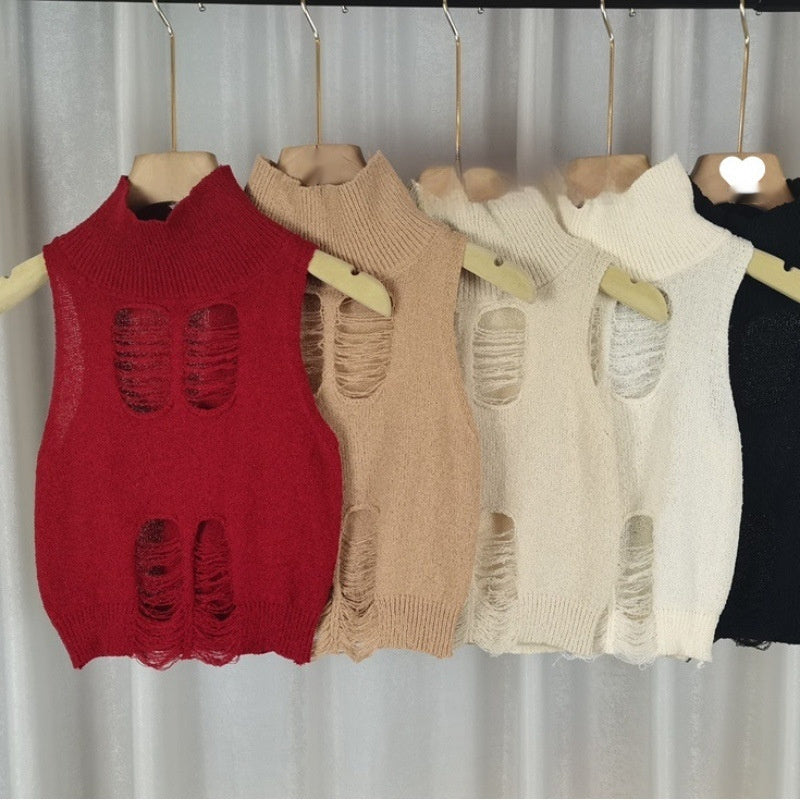 Cutout Half Turtleneck Knitted Vest For Women Slimming Holes Off-the-shoulder