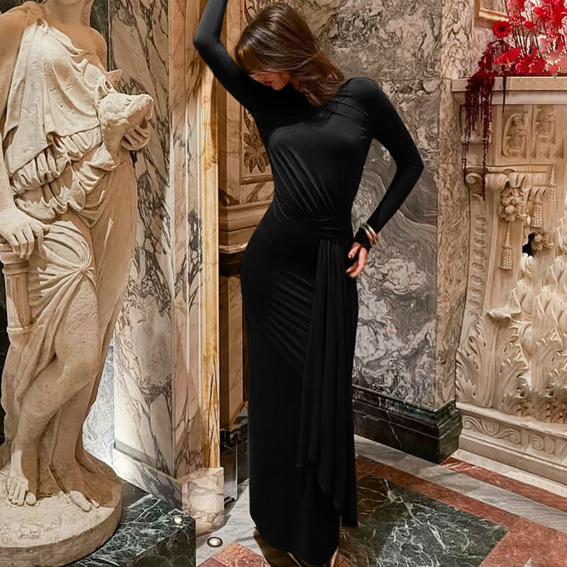 Solid Color Round-neck Long-sleeved Waist-defining Dress For Women