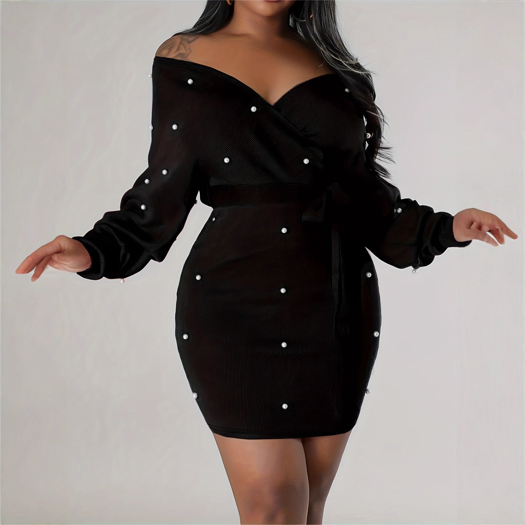 Beaded Bodycon Dress Casual Long-sleeve Solid-color Off-shoulder Dress Women's Apparel