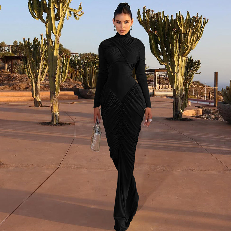 Women's Solid Color High Neck Long Sleeve Ruffle Back Bodycon Dress