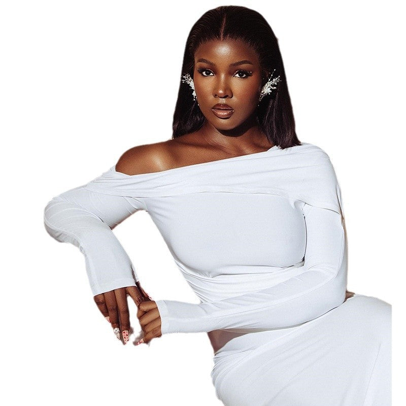 Women's Solid Color Dress With Diagonal Neckline Exposing One Shoulder Long Sleeve