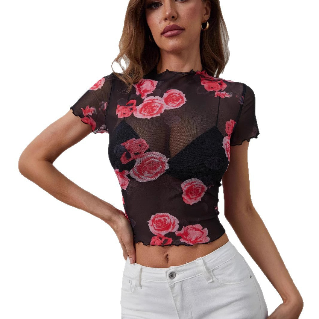 New Mesh Flower Print Wooden Ear New Short Sleeve T-shirt