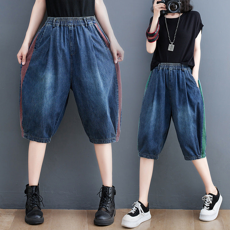 Large Size Women's Korean Style New Denim Stitching Washed Casual Cropped Pants