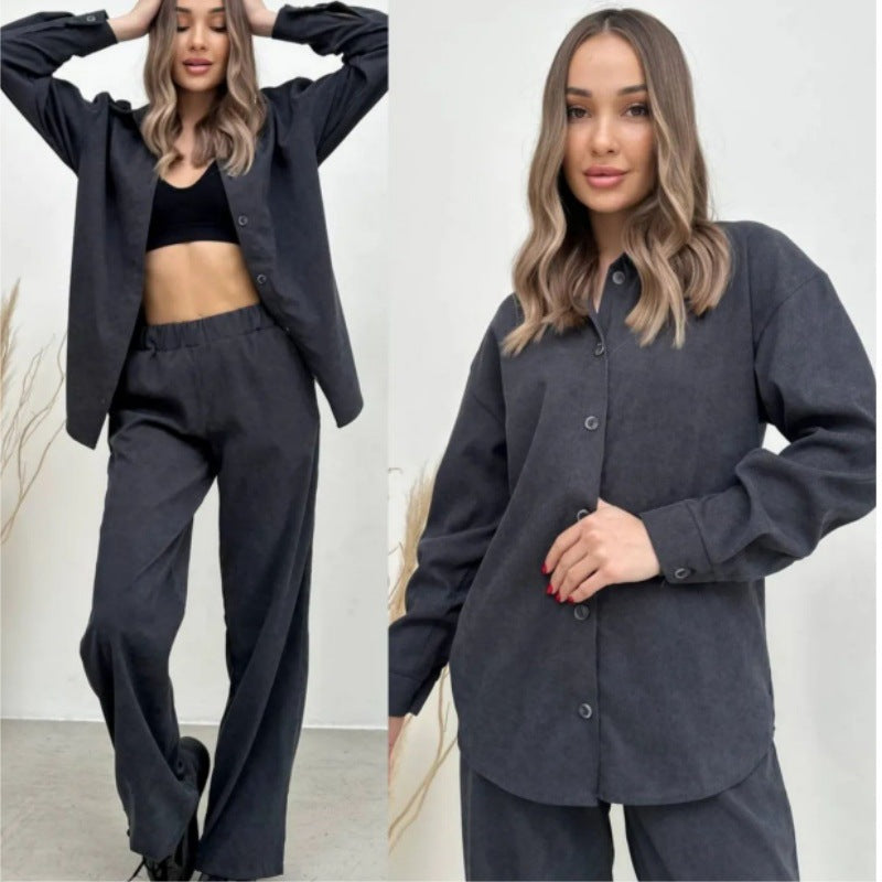 Casual Long-sleeve Top And Elastic-waist Pants Two-piece Set