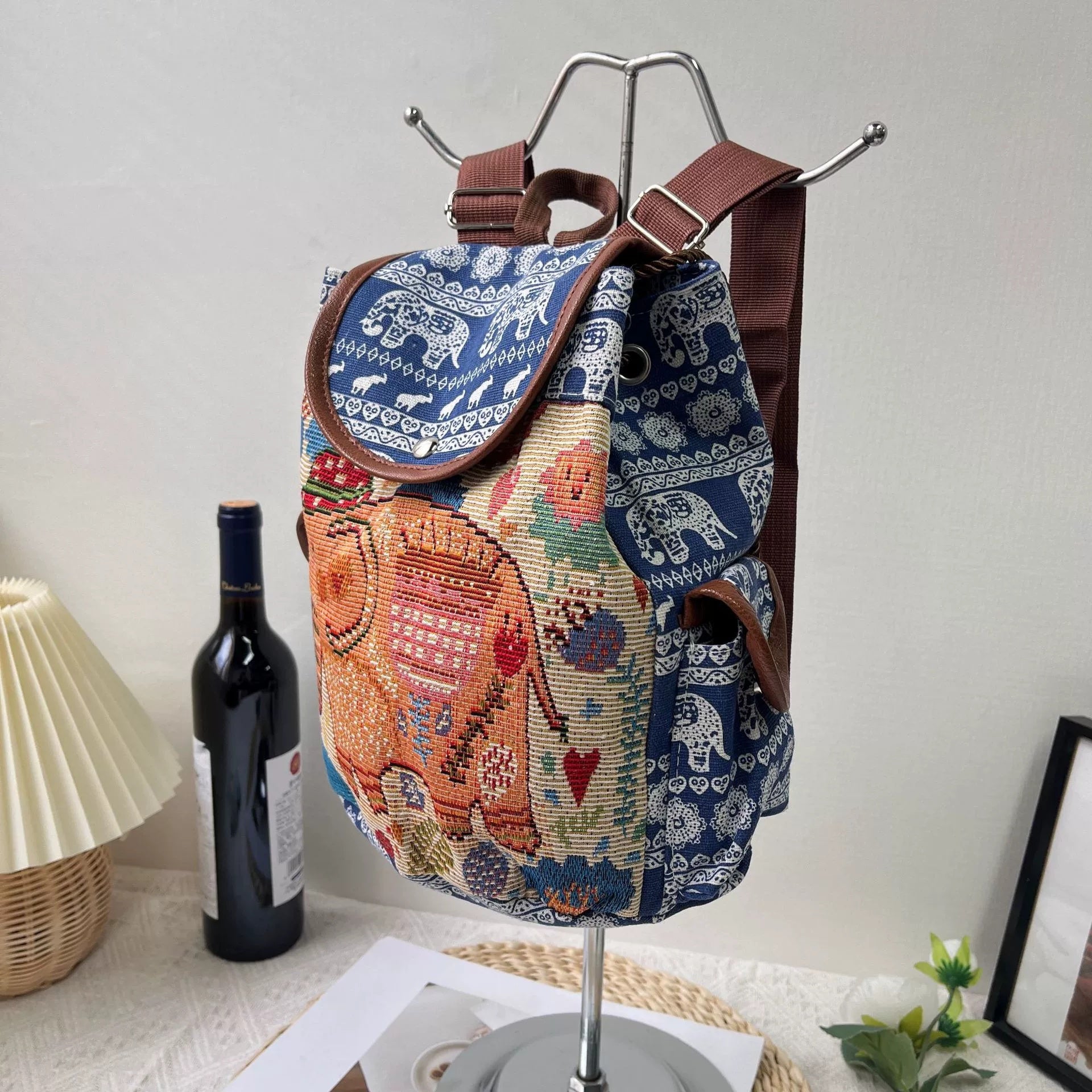 Special Drawstring Elephant Embroidered Backpack With Drawstring Buckle Cover