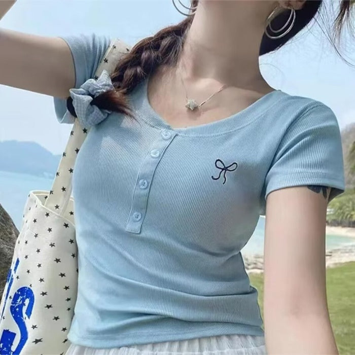 Bow Embroidered V-neck Bottoming Short-sleeved Women's All-match Top