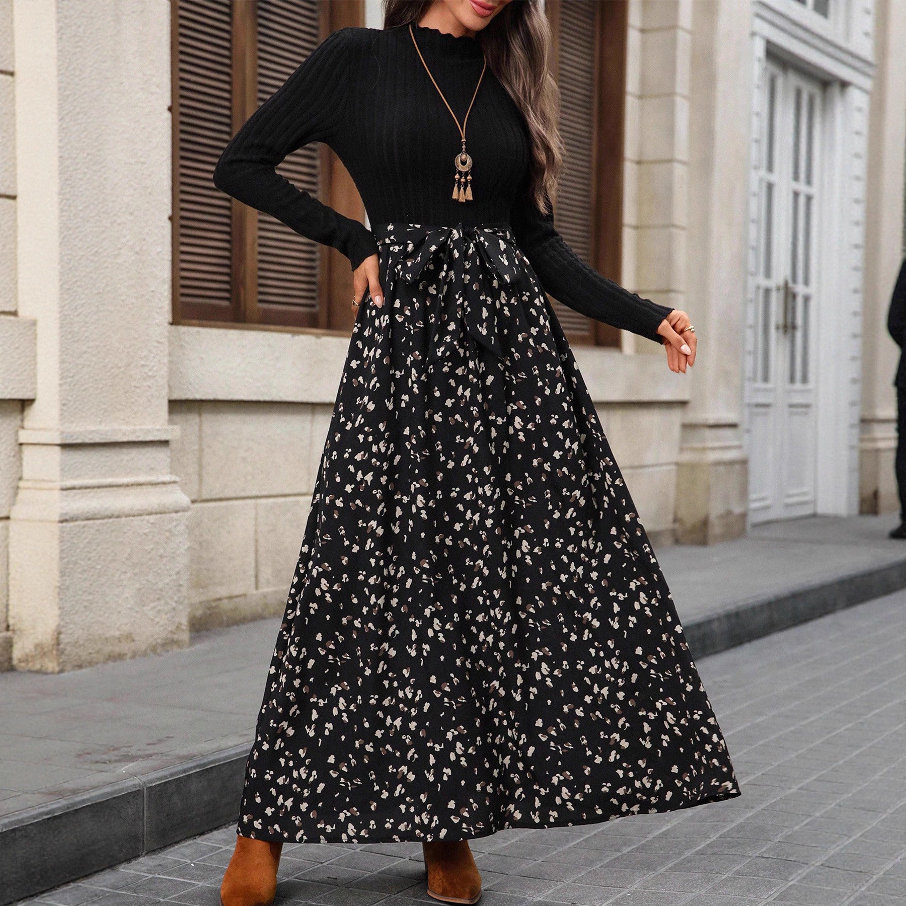 Women's Vintage Round-neck Long-sleeve Printed Dress