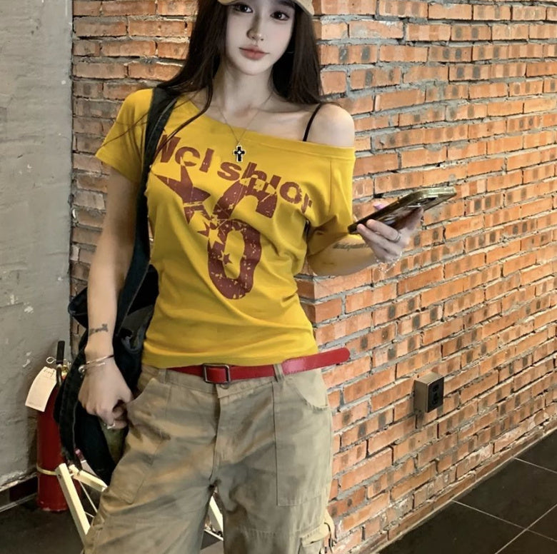 Oblique Shoulder Printed Short Sleeve Summer Slim-fit Crop-top