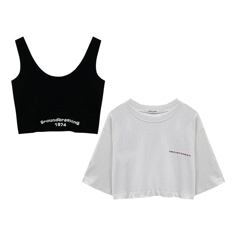 Two-Piece Set Crop-top Short Top Loose High Waist T-shirt Women