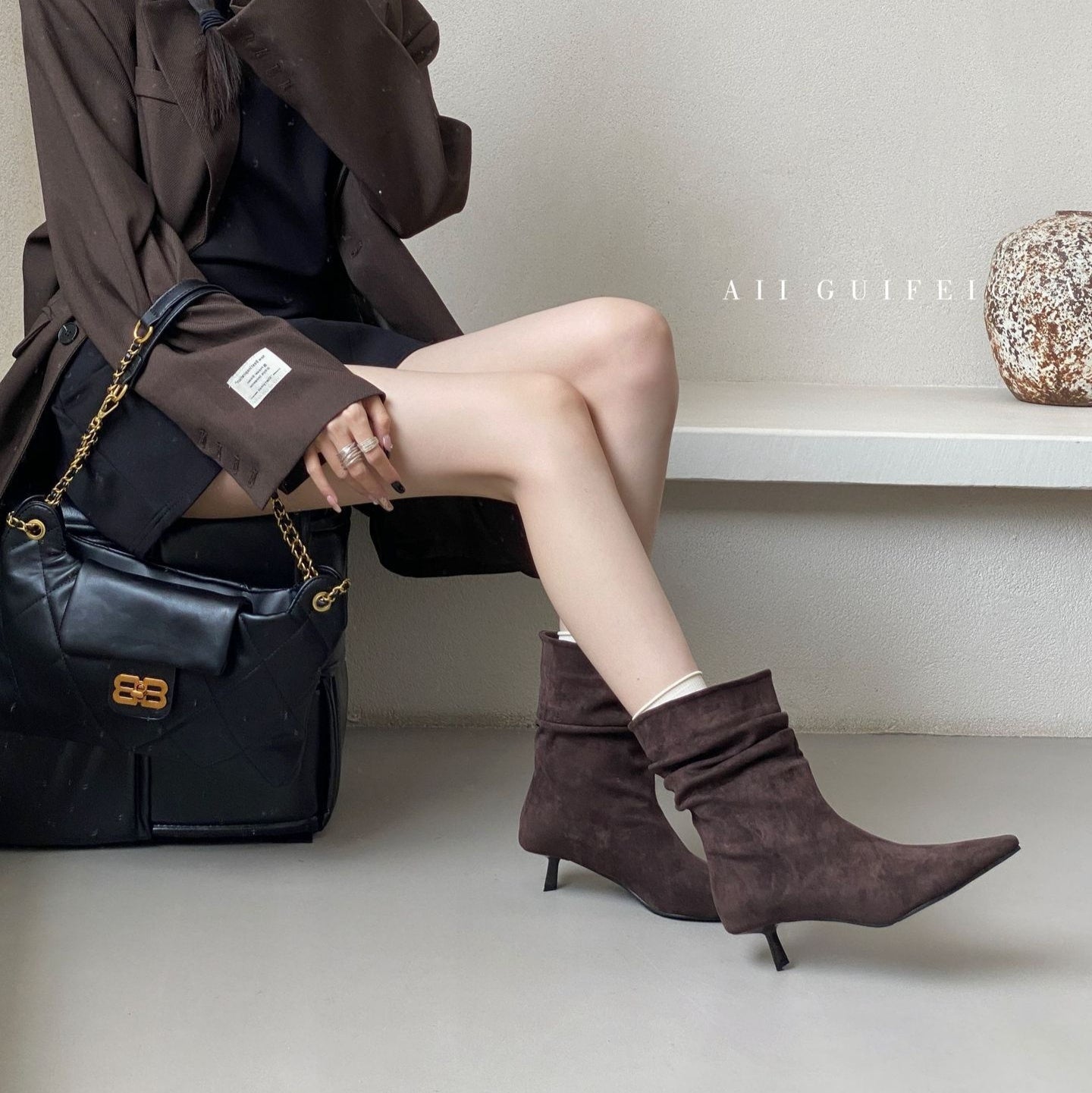 Women's Autumn Winter Pointed Toe High Heel Slimming Mid-Calf Boots