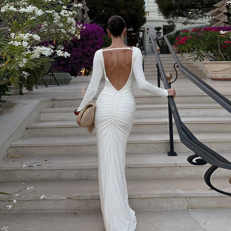 Temperament Slimming Printed Flared Sleeve Back-tie Dress For Women