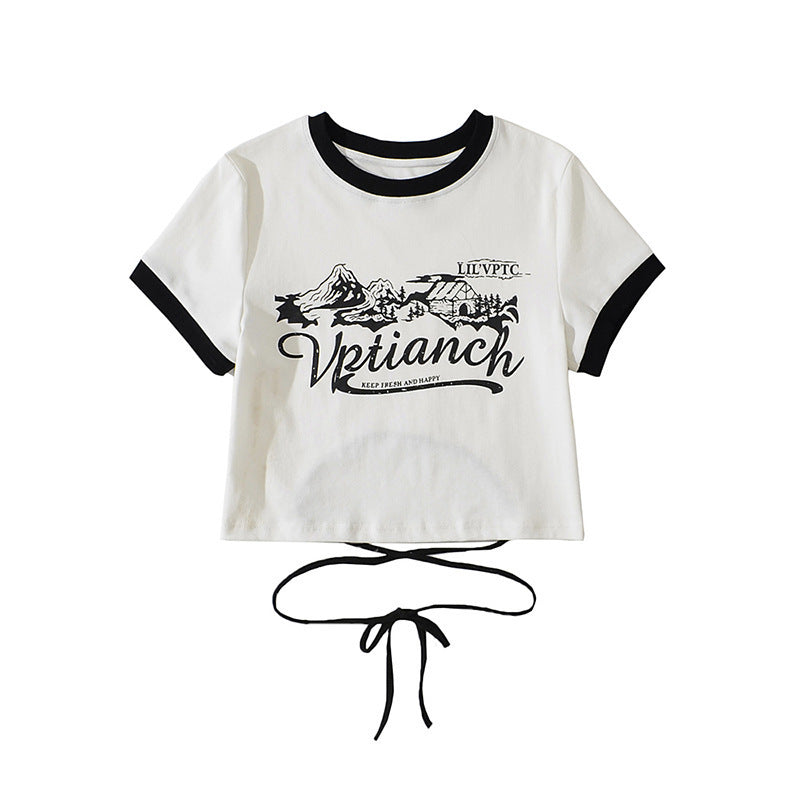 Women Print Front Contrast Trims Crop T-shirt With Lace Up Back Detail