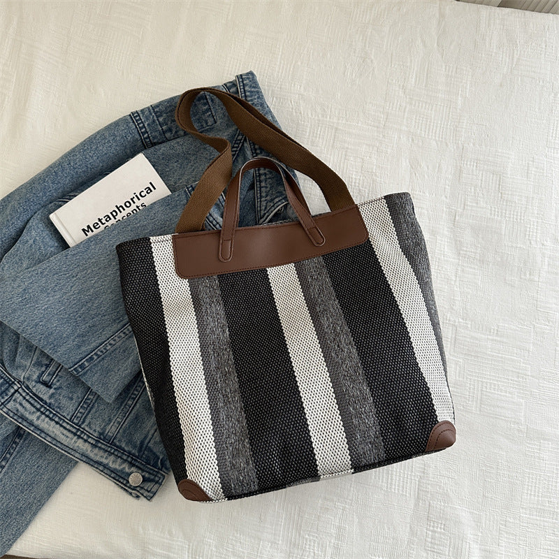 Women's Contrast Color Striped Canvas Handbag