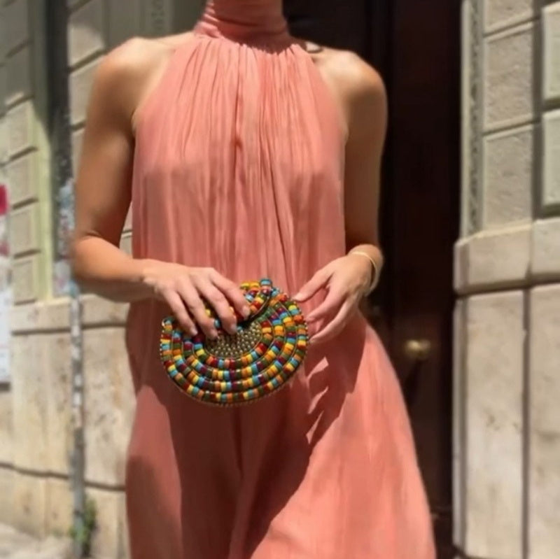 New Advanced Elegant Lady Style Tie Dress Simple Solid Color