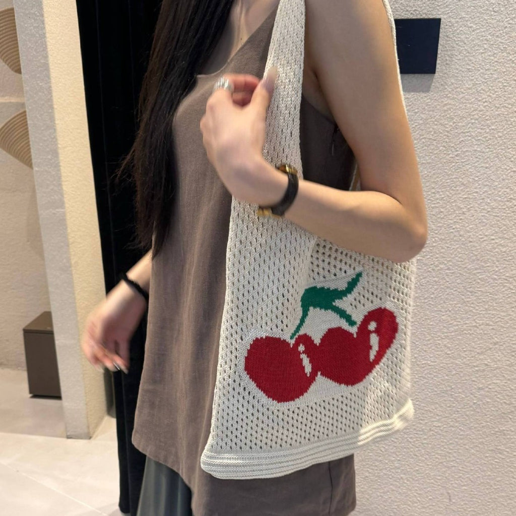 Large Capacity Totes Cherry Embroidered Handbag Knitted Hollow
