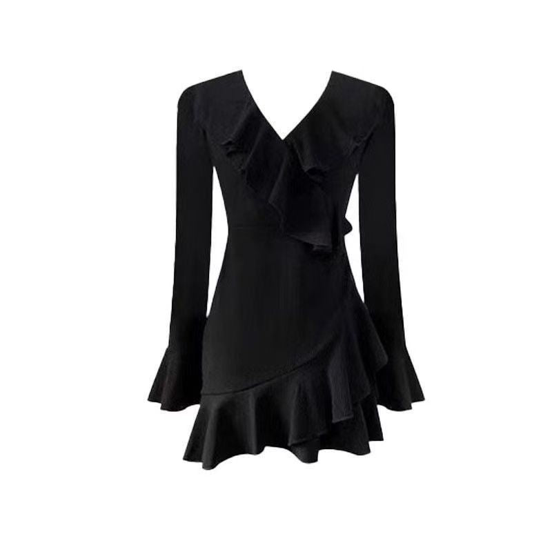 New Arrival Little Black Dress With Ruffled Hem V-neck And Flared Sleevessassy And Chic