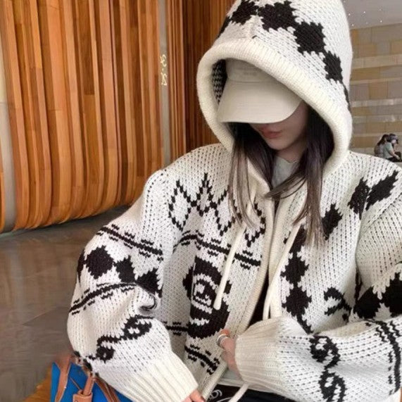 Vintage Jacquard Contrast Color Hooded Sweater