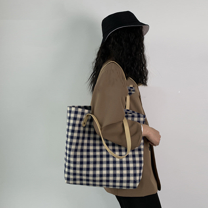 Checkered Women's One-shoulder Large-capacity Canvas Bag