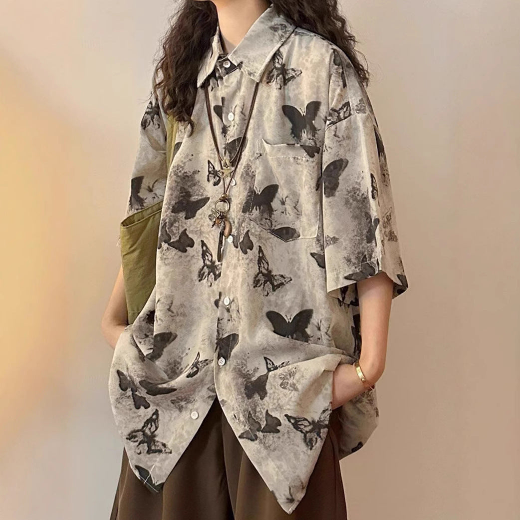 Women's Ink Painting Full Printed Butterfly Short Sleeve Shirt