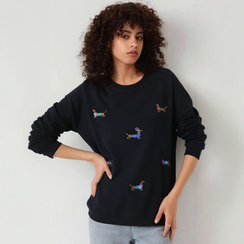 Embroidered Dachshund Dog Loose Fit Oversized Round Neck Pullover Fleece Sweatshirt