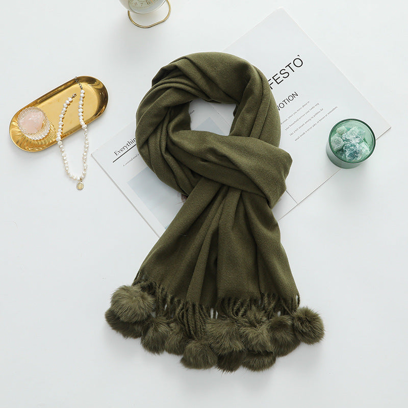 Versatile New-Style Womens Cape With Pompoms Cashmere And Wool Scarf