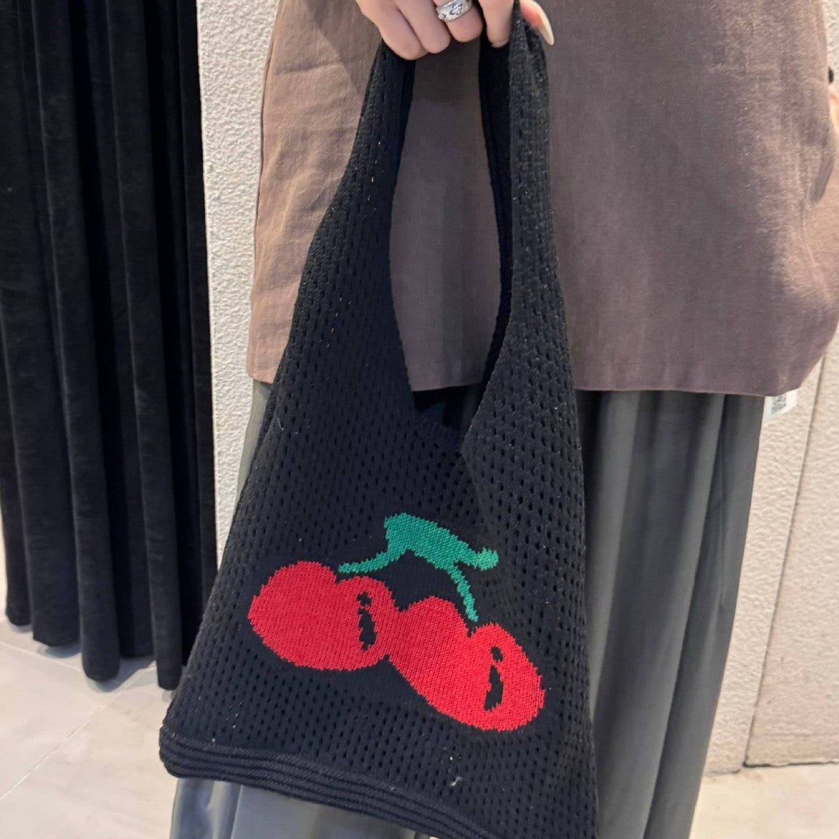 Large Capacity Totes Cherry Embroidered Handbag Knitted Hollow
