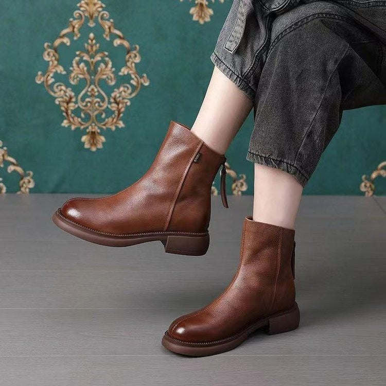 Retro Low-heat Fleece-lined Round-toe Waterproof Ankle Boots