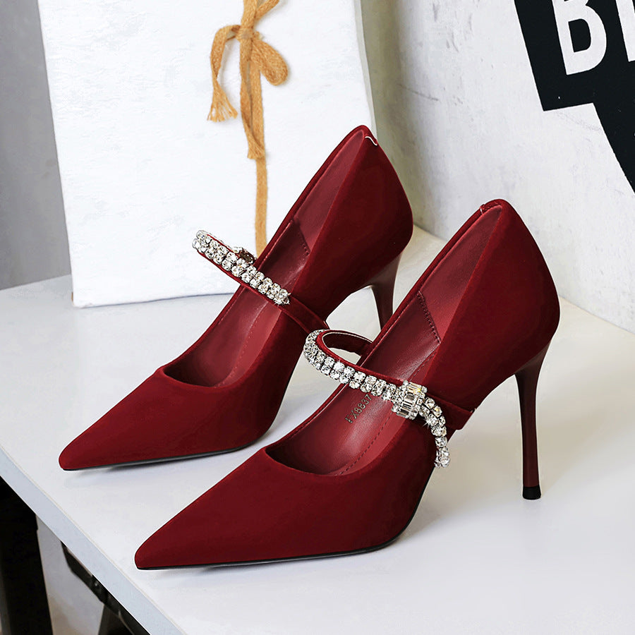 Pointed Toe Shallow Vamp Single Shoes With Rhinestone Strap Suede Commuting Shoes Banquet Shoes